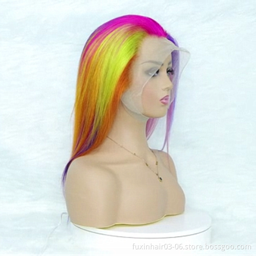 New Fashion Rainbow Color Transparent Lace Full Frontal Wig Colorful Seven Colors Ombre HD Lace Front Wig